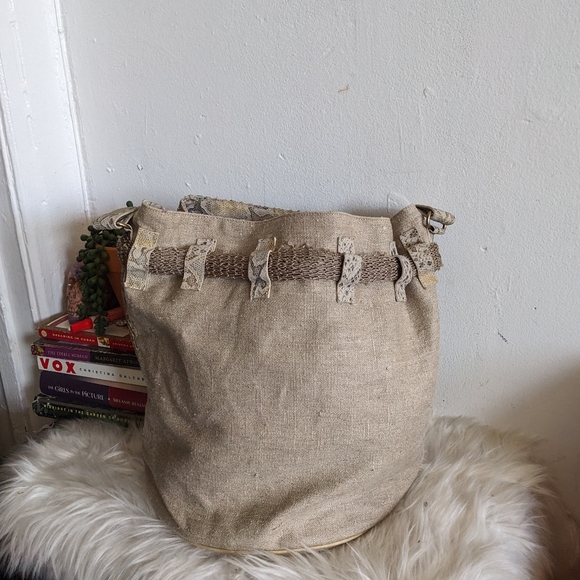 El Vaquero Beige Python Hobo Bucket Bag Purse Snakeskin Fishnet Linen - Picture 5 of 15